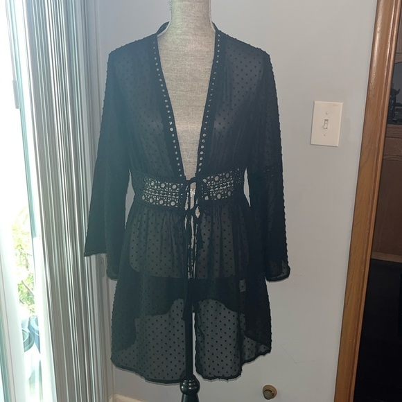 AOLRO Women's Sexy Swiss Polka Dot Chiffon Swimsuit Coverup Long Flare Sleeve - Picture 1 of 10